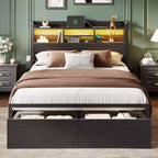 Cadre de lit plateforme Queen Size avec 2 tiroirs de rangement Tête de lit en bois Étagère Lumières LED Station de recharge Support en métal noir Aucun sommier tapissier requis Maison