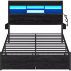 Cadre de lit plateforme Queen Size avec 2 tiroirs de rangement Tête de lit en bois Étagère Lumières LED Station de recharge Support en métal noir Aucun sommier tapissier requis Maison