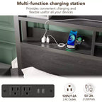 Cadre de lit plateforme Queen Size avec 2 tiroirs de rangement Tête de lit en bois Étagère Lumières LED Station de recharge Support en métal noir Aucun sommier tapissier requis Maison