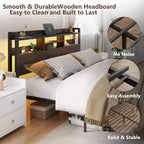 Cadre de lit plateforme Queen Size avec 2 tiroirs de rangement Tête de lit en bois Étagère Lumières LED Station de recharge Support en métal noir Aucun sommier tapissier requis Maison