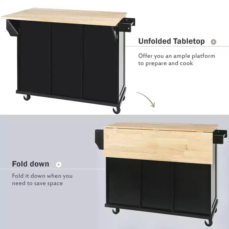 Îlot de cuisine avec armoire de rangement et 3 tiroirs Desserte de cuisine avec plan de travail rabattable en bois d'hévéa Étagères de rangement pour salle à manger, Noir