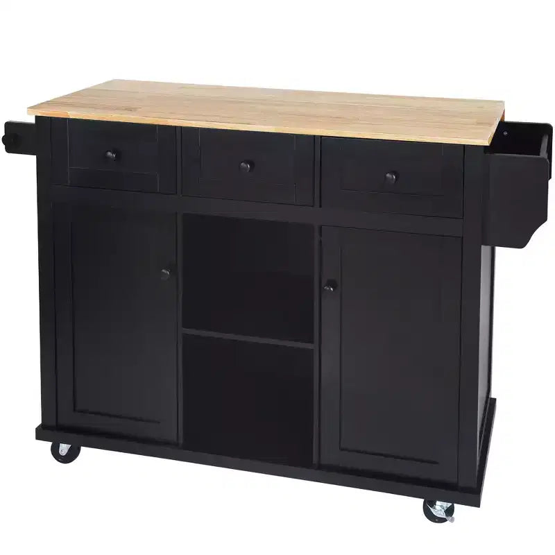 Îlot de cuisine avec armoire de rangement et 3 tiroirs Desserte de cuisine avec plan de travail rabattable en bois d'hévéa Étagères de rangement pour salle à manger, Noir