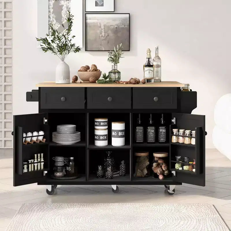 Îlot de cuisine avec armoire de rangement et 3 tiroirs Desserte de cuisine avec plan de travail rabattable en bois d'hévéa Étagères de rangement pour salle à manger, Noir