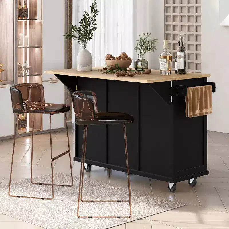 Îlot de cuisine avec armoire de rangement et 3 tiroirs Desserte de cuisine avec plan de travail rabattable en bois d'hévéa Étagères de rangement pour salle à manger, Noir