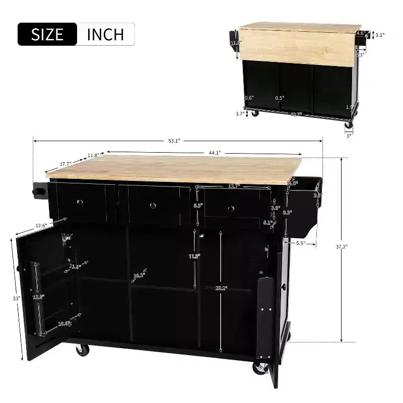 Îlot de cuisine avec armoire de rangement et 3 tiroirs Desserte de cuisine avec plan de travail rabattable en bois d'hévéa Étagères de rangement pour salle à manger, Noir