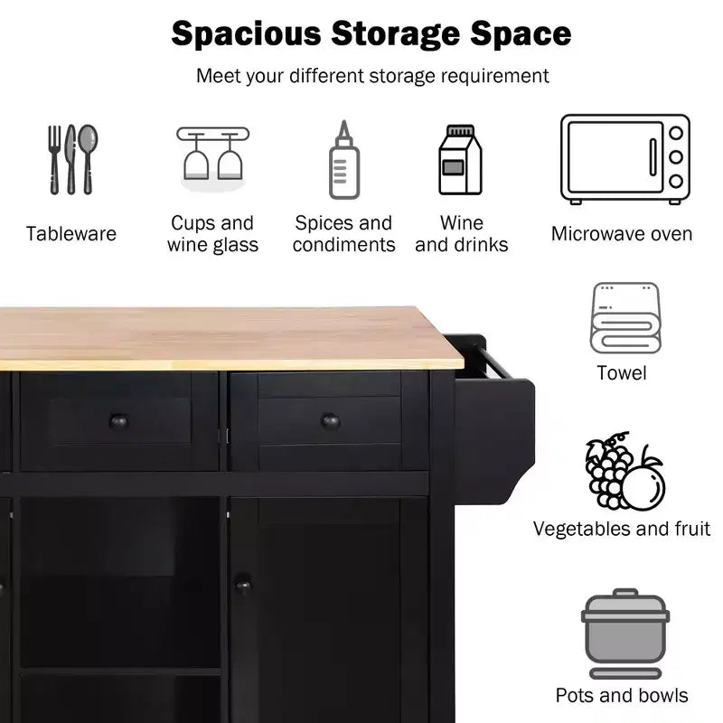 Îlot de cuisine avec armoire de rangement et 3 tiroirs Desserte de cuisine avec plan de travail rabattable en bois d'hévéa Étagères de rangement pour salle à manger, Noir