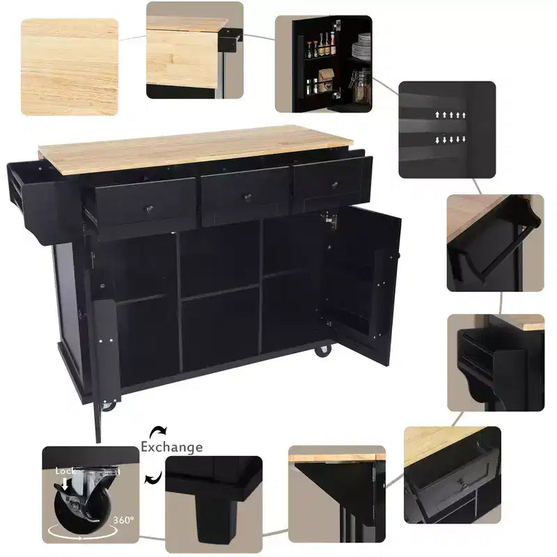 Îlot de cuisine avec armoire de rangement et 3 tiroirs Desserte de cuisine avec plan de travail rabattable en bois d'hévéa Étagères de rangement pour salle à manger, Noir