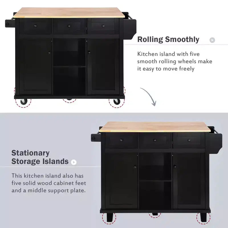 Îlot de cuisine avec armoire de rangement et 3 tiroirs Desserte de cuisine avec plan de travail rabattable en bois d'hévéa Étagères de rangement pour salle à manger, Noir