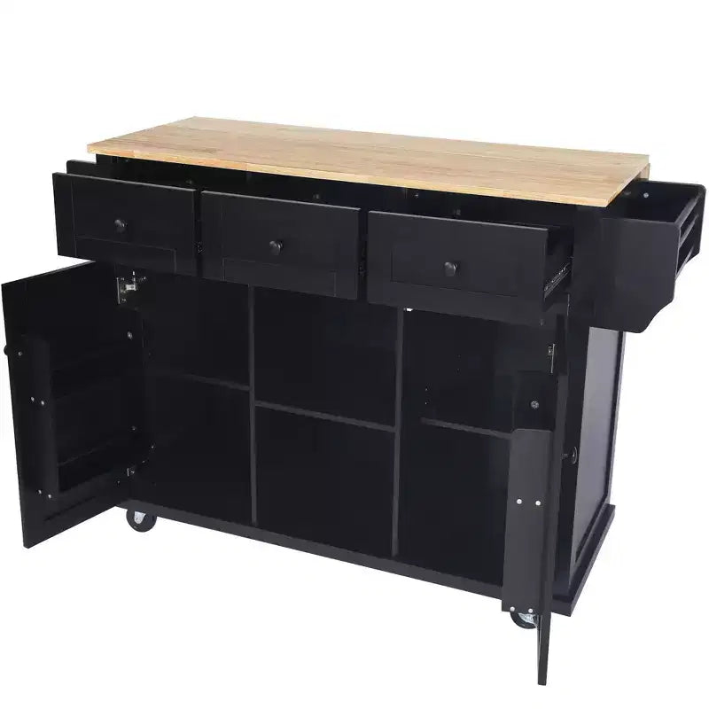 Îlot de cuisine avec armoire de rangement et 3 tiroirs Desserte de cuisine avec plan de travail rabattable en bois d'hévéa Étagères de rangement pour salle à manger, Noir