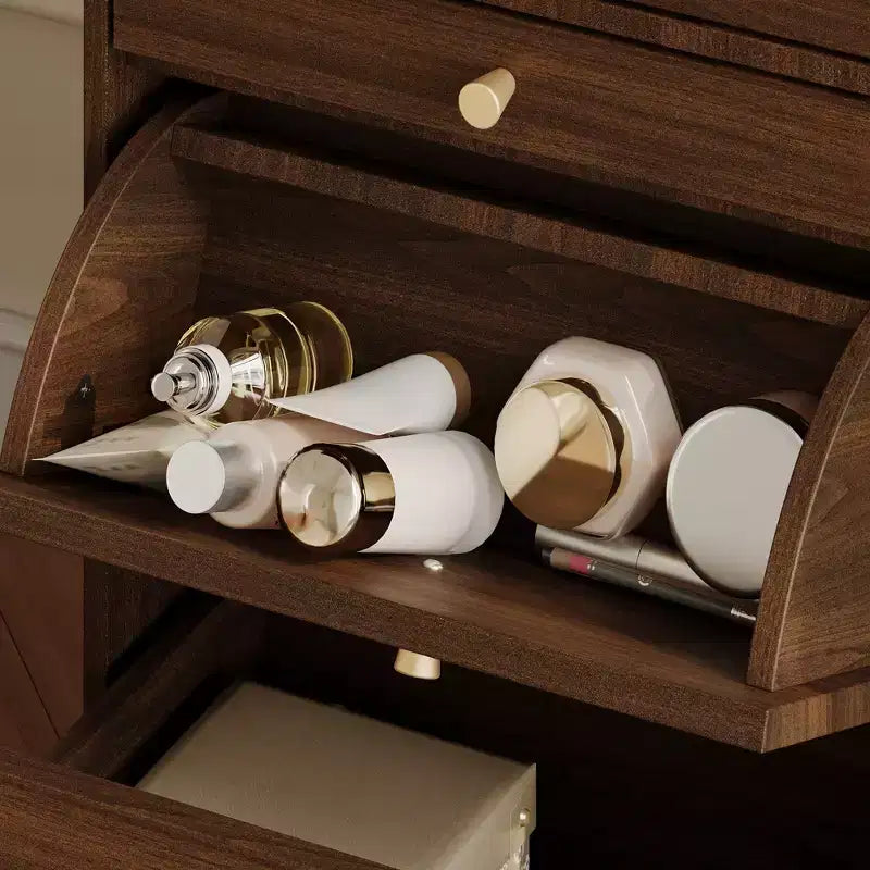 Coiffeuse roulante en noyer avec miroir LED, plan de travail pliable et rangement multicouche