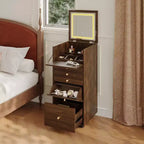 Coiffeuse roulante en noyer avec miroir LED, plan de travail pliable et rangement multicouche