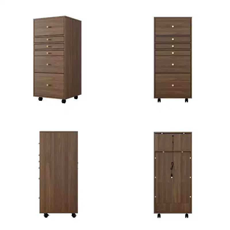 Coiffeuse roulante en noyer avec miroir LED, plan de travail pliable et rangement multicouche