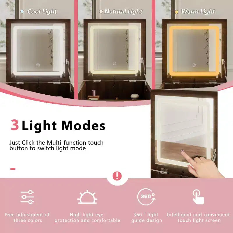 Coiffeuse roulante en noyer avec miroir LED, plan de travail pliable et rangement multicouche