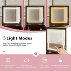 Coiffeuse roulante en noyer avec miroir LED, plan de travail pliable et rangement multicouche