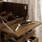 Coiffeuse roulante en noyer avec miroir LED, plan de travail pliable et rangement multicouche