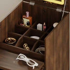 Coiffeuse roulante en noyer avec miroir LED, plan de travail pliable et rangement multicouche