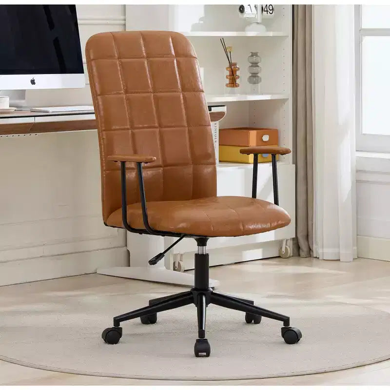 Chaise de bureau moderne antique en cuir PU avec dossier haut et roulettes, chaise de travail ergonomique pivotante pour bureau à domicile et salon