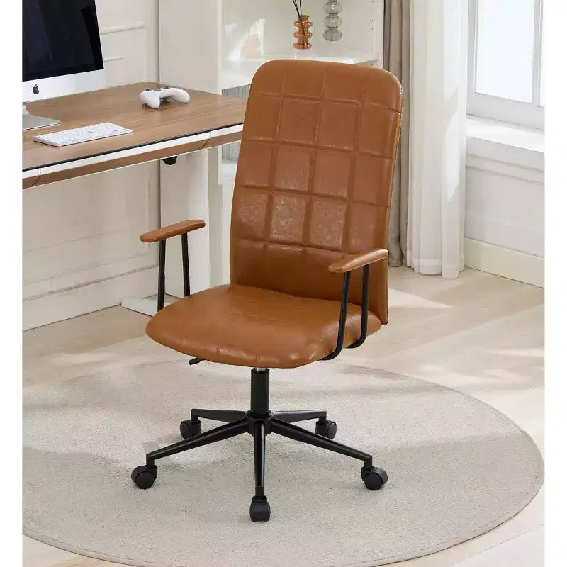 Chaise de bureau moderne antique en cuir PU avec dossier haut et roulettes, chaise de travail ergonomique pivotante pour bureau à domicile et salon