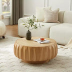 Table basse ronde en bois de 31,5 pouces, table centrale sculptée en bois cannelé de style moderne du milieu du siècle pour salon ou appartement