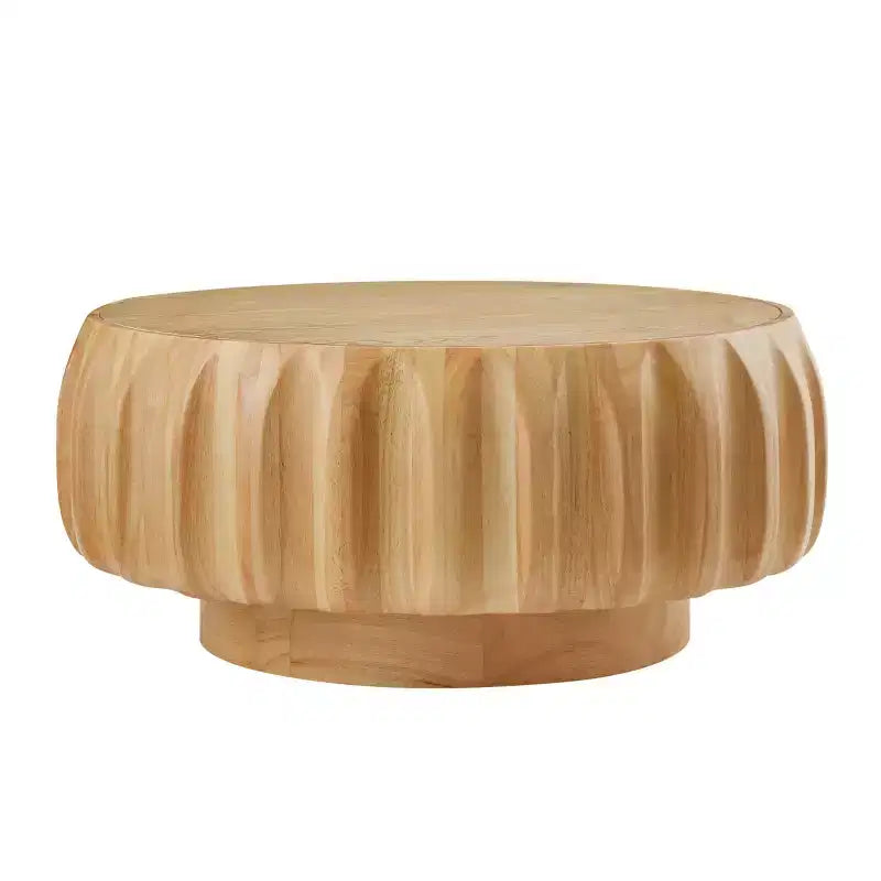 Table basse ronde en bois de 31,5 pouces, table centrale sculptée en bois cannelé de style moderne du milieu du siècle pour salon ou appartement