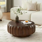 Table basse ronde en bois de 31,5 pouces, table centrale sculptée en bois cannelé de style moderne du milieu du siècle pour salon ou appartement