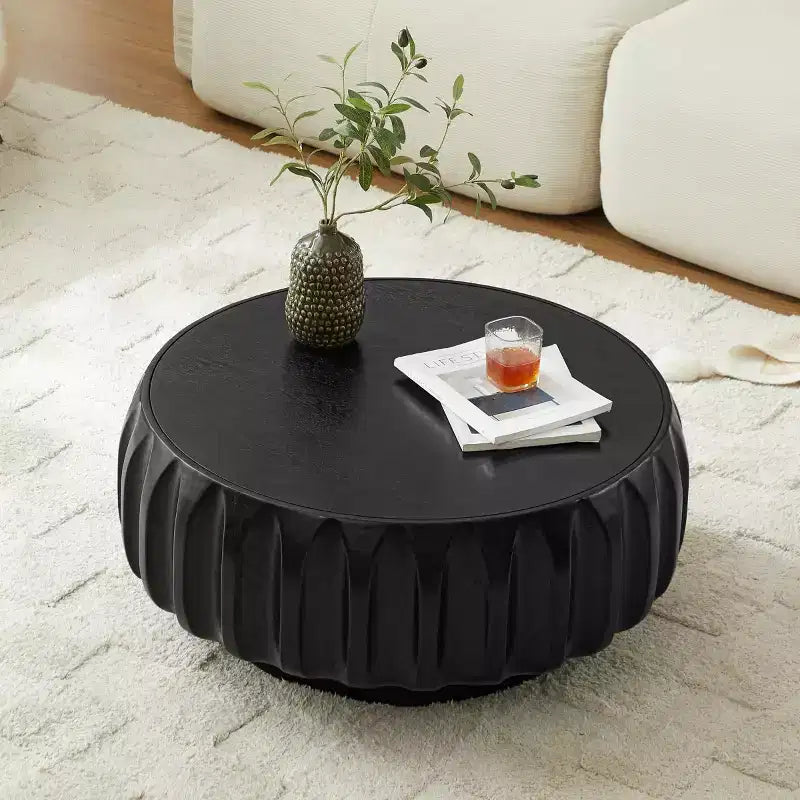 Table basse ronde en bois de 31,5 pouces, table centrale sculptée en bois cannelé de style moderne du milieu du siècle pour salon ou appartement