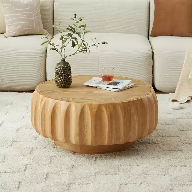 Table basse ronde en bois de 31,5 pouces, table centrale sculptée en bois cannelé de style moderne du milieu du siècle pour salon ou appartement