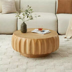 Table basse ronde en bois de 31,5 pouces, table centrale sculptée en bois cannelé de style moderne du milieu du siècle pour salon ou appartement