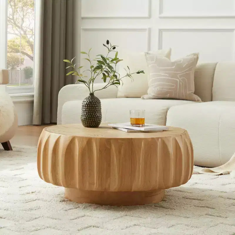 Table basse ronde en bois de 31,5 pouces, table centrale sculptée en bois cannelé de style moderne du milieu du siècle pour salon ou appartement