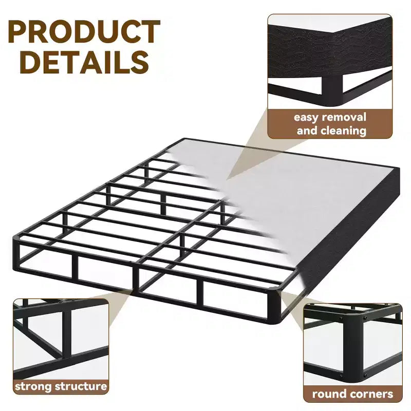 Sommier tapissier en métal Queen de 5/9 pouces avec coins arrondis - Base de matelas robuste avec lattes en acier, silencieux, facile à assembler, noir