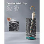Porte-parapluies en acier avec bac d'égouttement, support de parapluies autoportant avec 4 crochets pour entrée, organiseur pour cannes et bâtons de marche, noir