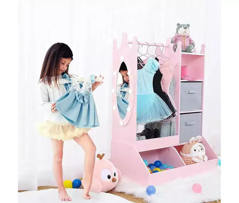 Meuble de rangement pour déguisements d'enfants avec miroir, armoire rose et commode avec miroir, organiseur de costumes avec étagères et armoire à bijoux pour enfants