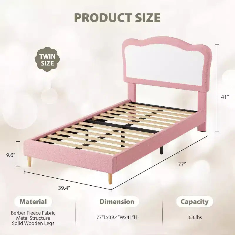 Lit rembourré pour enfants avec tête de lit festonnée, joli lit en velours pour filles et garçons, lit plateforme robuste avec lattes en bois, sans bruit