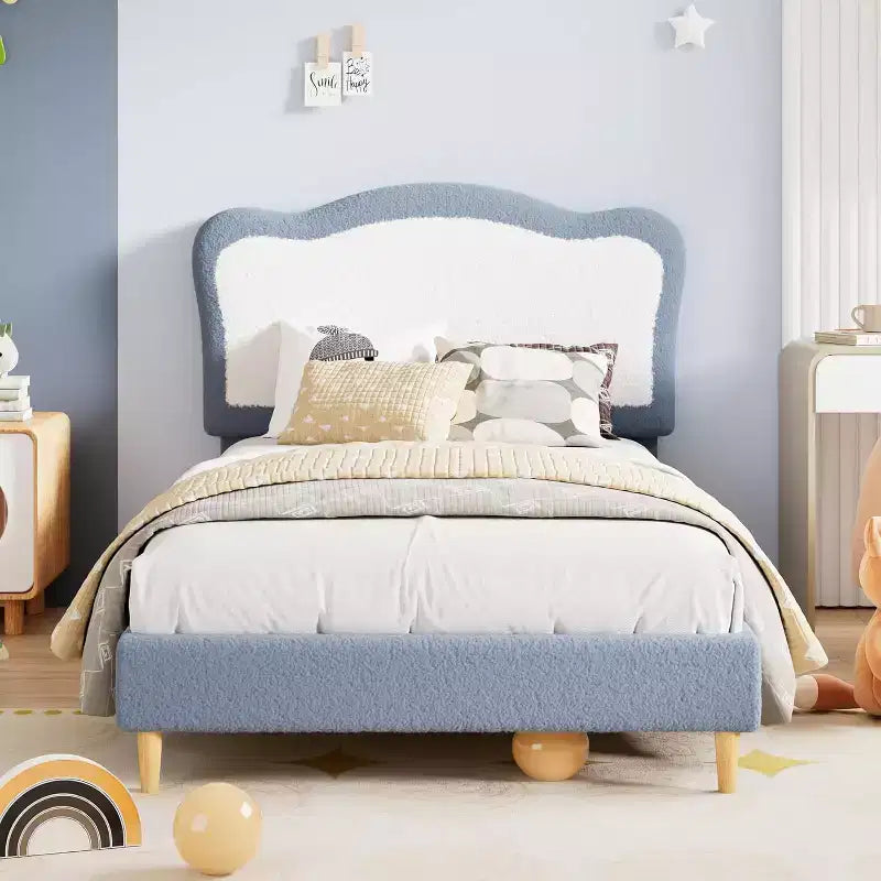 Lit rembourré pour enfants avec tête de lit festonnée, joli lit en velours pour filles et garçons, lit plateforme robuste avec lattes en bois, sans bruit