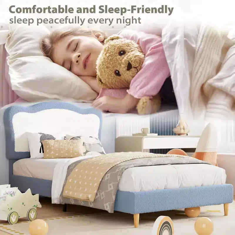 Lit rembourré pour enfants avec tête de lit festonnée, joli lit en velours pour filles et garçons, lit plateforme robuste avec lattes en bois, sans bruit