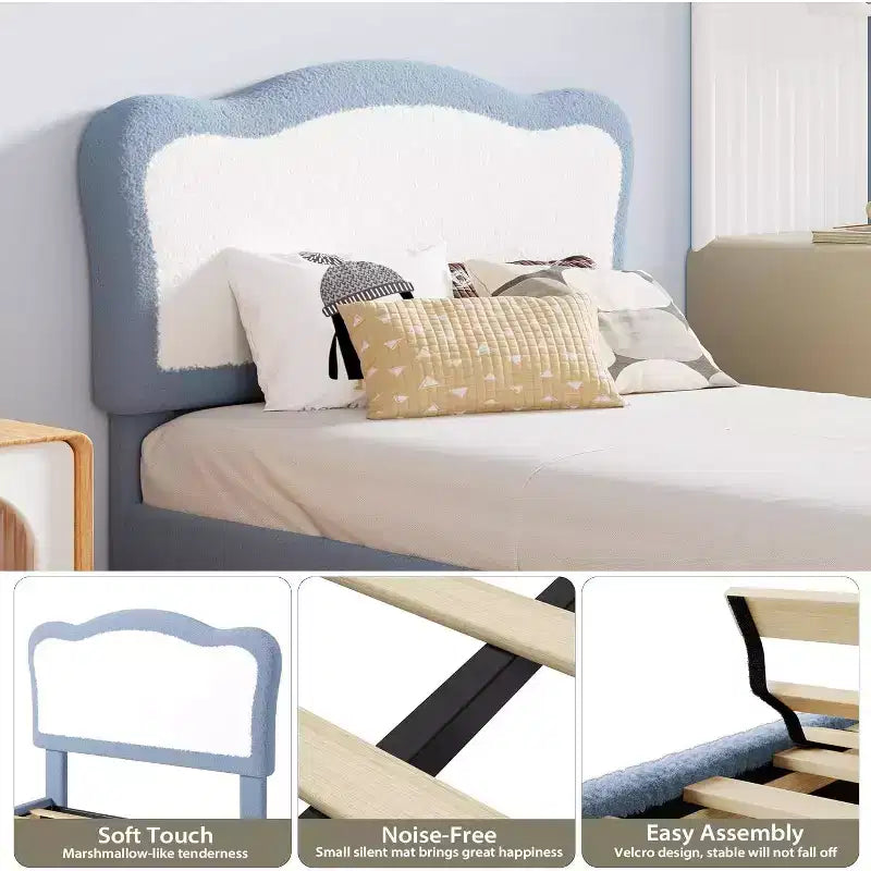 Lit rembourré pour enfants avec tête de lit festonnée, joli lit en velours pour filles et garçons, lit plateforme robuste avec lattes en bois, sans bruit