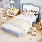 Upholstered Twin/Full Bed Frame for Kids with Scallop Headboard, Cute Velvet Twin Bed for Girls, Boys, Sturdy Platform Bed, Wooden Slats, Noise Free