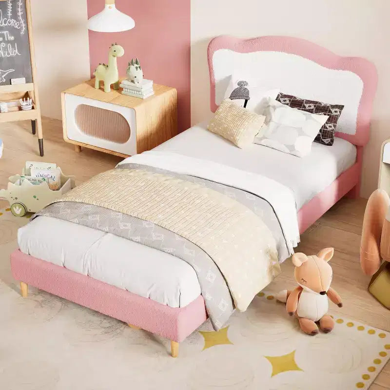 Lit rembourré pour enfants avec tête de lit festonnée, joli lit en velours pour filles et garçons, lit plateforme robuste avec lattes en bois, sans bruit