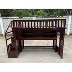 Lit mezzanine jumeau avec bureau mobile, escalier de rangement et étagère, aucun sommier tapissier requis