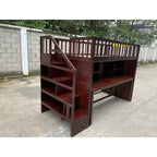 Lit mezzanine jumeau avec bureau mobile, escalier de rangement et étagère, aucun sommier tapissier requis