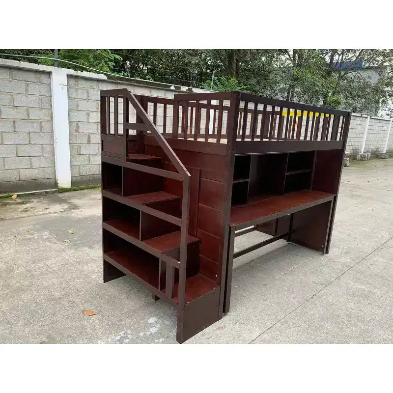 Lit mezzanine jumeau avec bureau mobile, escalier de rangement et étagère, aucun sommier tapissier requis