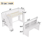 Lit mezzanine jumeau avec bureau mobile, escalier de rangement et étagère, aucun sommier tapissier requis