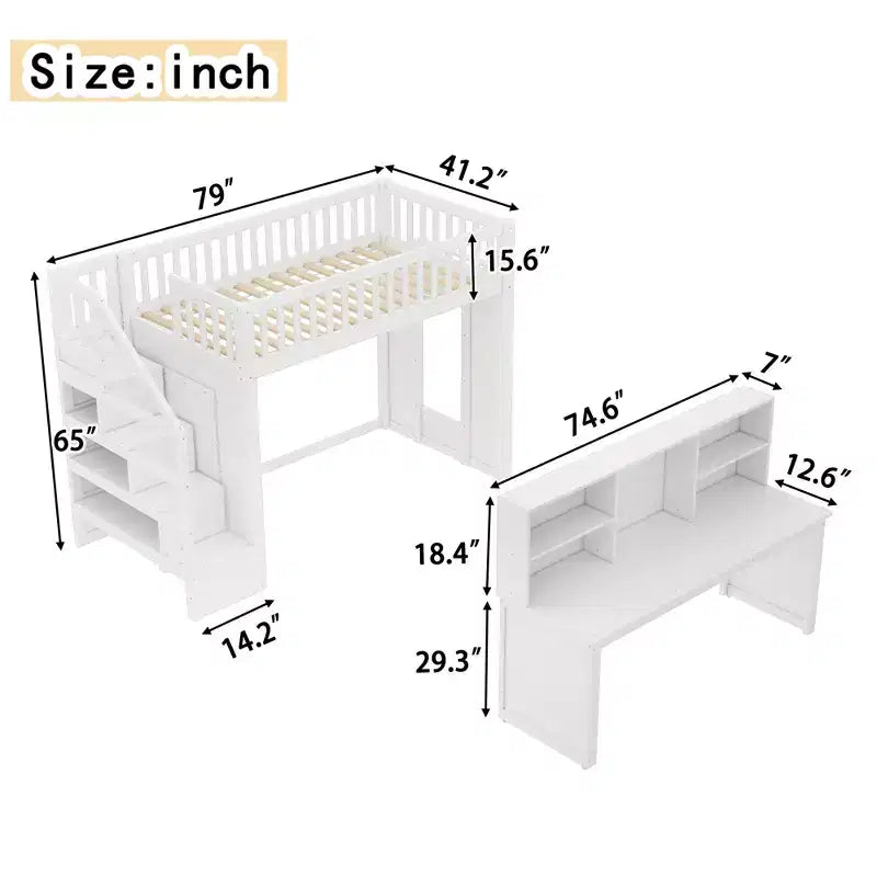 Lit mezzanine jumeau avec bureau mobile, escalier de rangement et étagère, aucun sommier tapissier requis