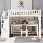 Lit mezzanine jumeau avec bureau mobile, escalier de rangement et étagère, aucun sommier tapissier requis