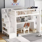 Lit mezzanine jumeau avec bureau mobile, escalier de rangement et étagère, aucun sommier tapissier requis