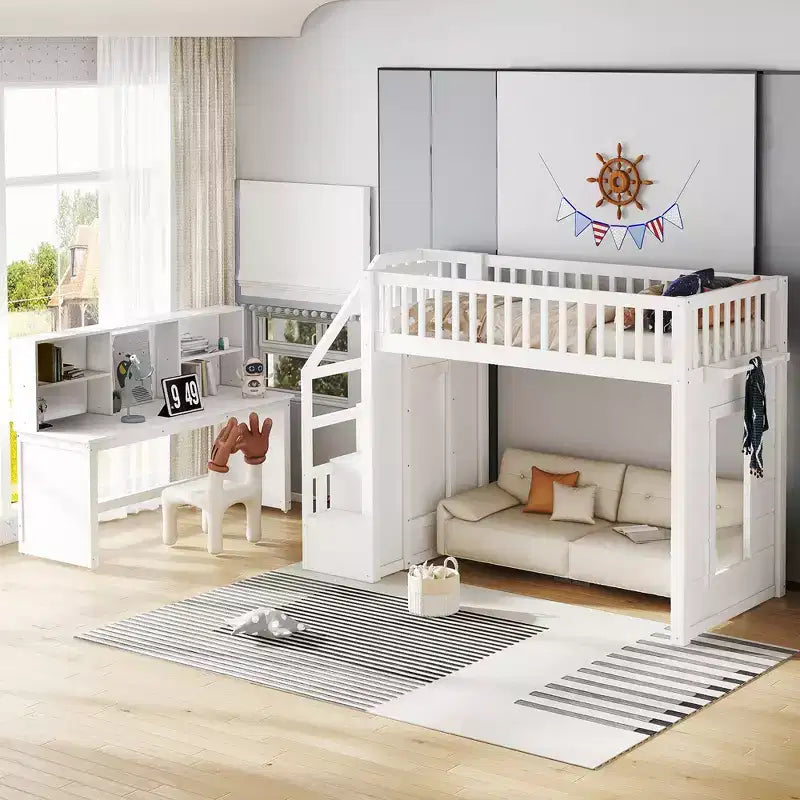 Lit mezzanine jumeau avec bureau mobile, escalier de rangement et étagère, aucun sommier tapissier requis