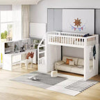 Lit mezzanine jumeau avec bureau mobile, escalier de rangement et étagère, aucun sommier tapissier requis