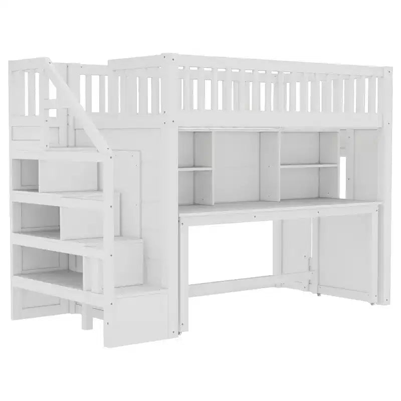 Lit mezzanine jumeau avec bureau mobile, escalier de rangement et étagère, aucun sommier tapissier requis