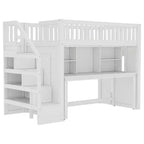 Lit mezzanine jumeau avec bureau mobile, escalier de rangement et étagère, aucun sommier tapissier requis