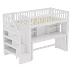 Lit mezzanine jumeau avec bureau mobile, escalier de rangement et étagère, aucun sommier tapissier requis